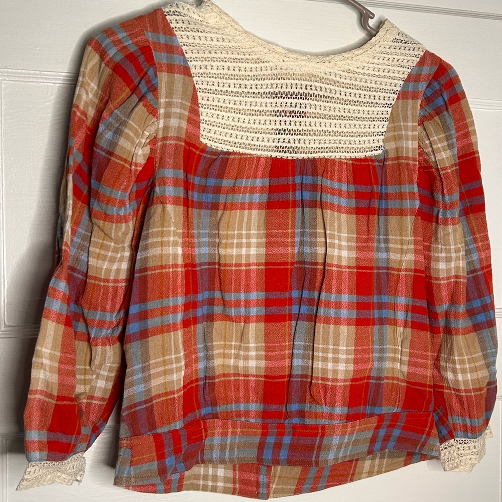 H&M Red and Blue Plaid Blouse with Lace Detail